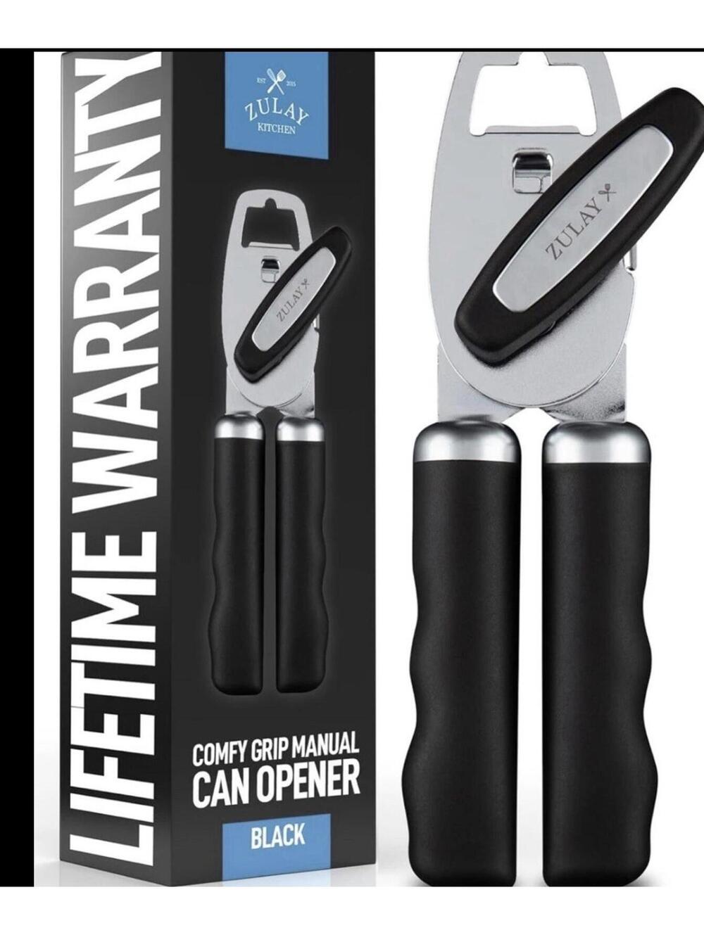 Zulay Kitchen Heavy Duty Stainless Steel Can Opener Manual Comfy Grip, Black
